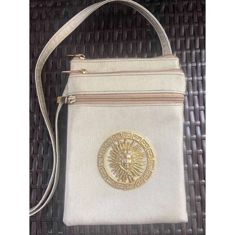 VTG Crossbody Bag Gold Textured Statement Sunburst  Medallion Shoulder Bag Y2K